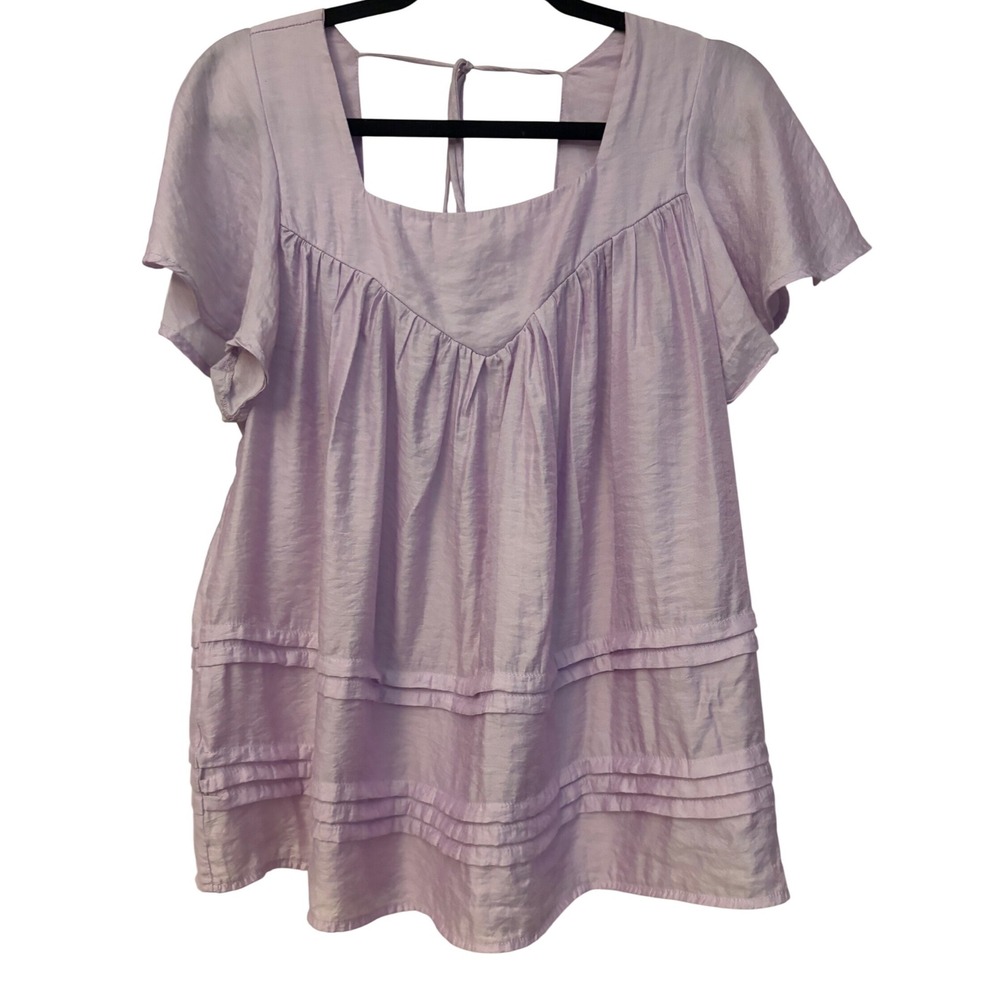 L Love Lavender Tiered Pleated Flutter Sleeve Tie Back Top LVC2745 Purple Large